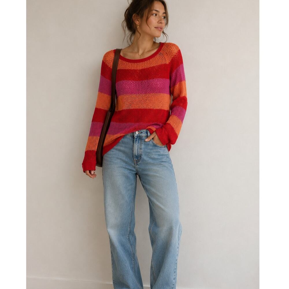 525 American Orange Pink Red Striped Open Knit Pullover Sweater Womens XL Boho